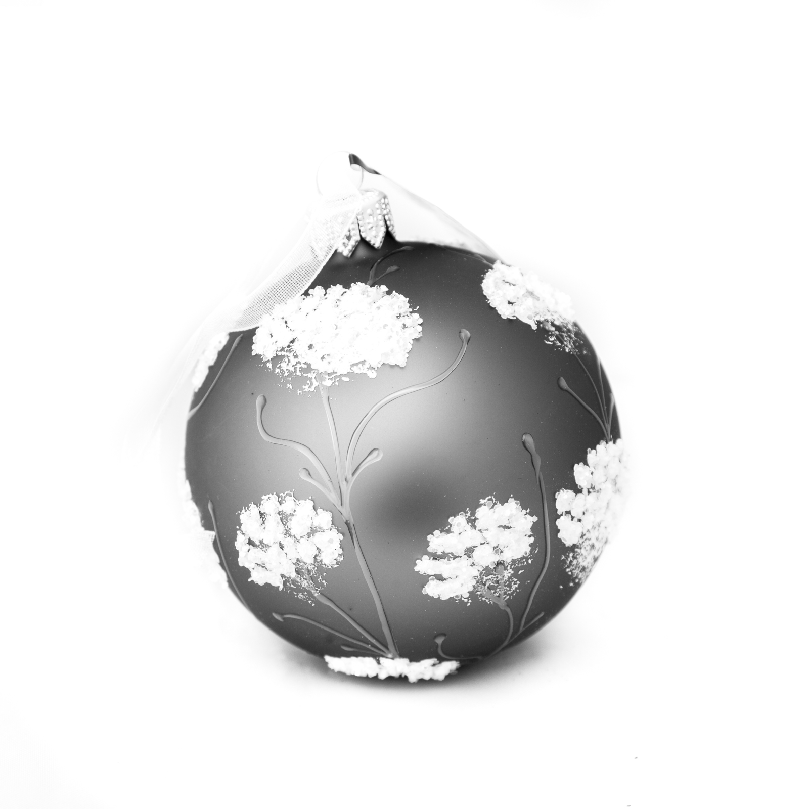 57672 Gray XMAS Glass Ball W/ White Flowers - Image 1
