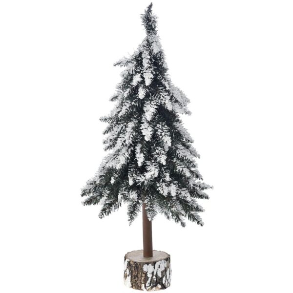 Snow Covered Christmas Tree With Wooden Trunk