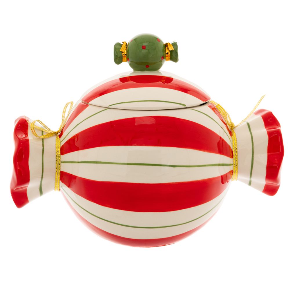 86916 צנצנת עוגיות בצורת סוכריות קרמיקה פסים אדום ולבן – תמונה 1