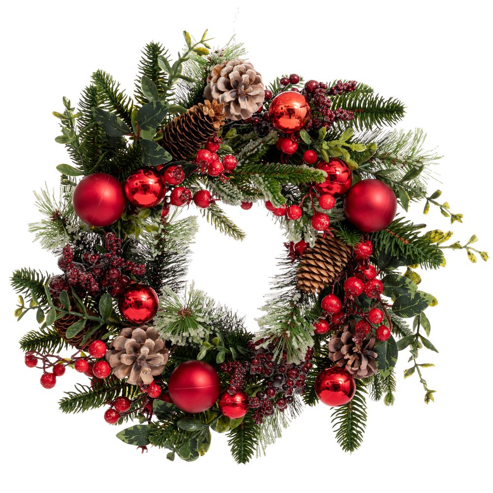 Decorated Artificial Christmas Wreath with Red Baubles and Pinecones